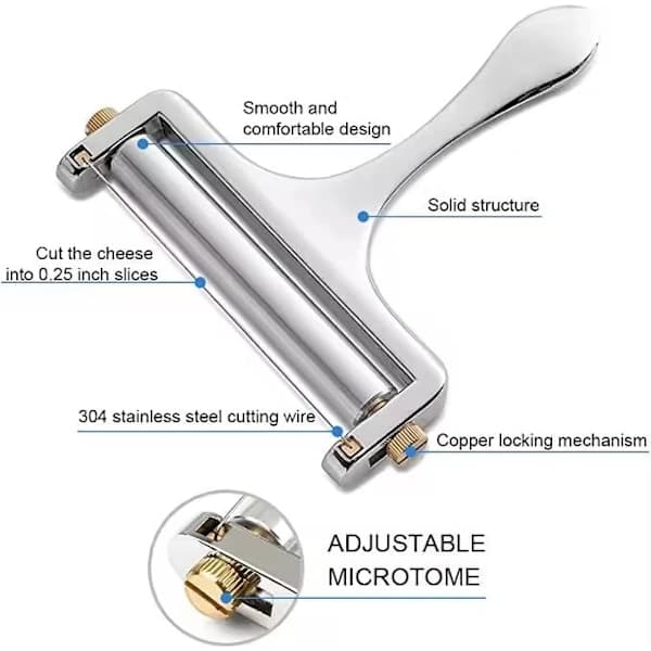 Stainless Steel Cheese Slicer with Adjustable Handheld Design, Includes 2 Extra Wire Cutters.