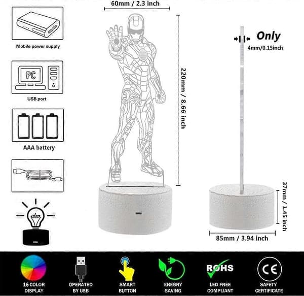 LED Superhero 3D Night Light, ONXE Optical Illusion Lamp 16 Colors Dimmable USB Powered Touch Control with Crack Base+Remote Control (Iron Man)