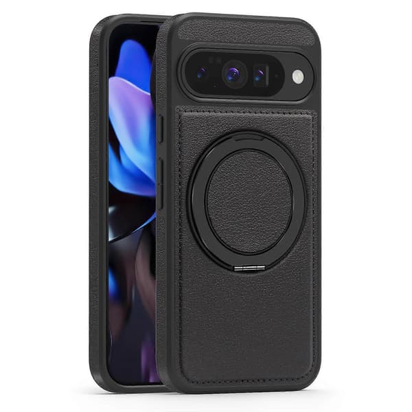 Case for Google Pixel 10 Pro Pixel 10 with Ring Stand Compatible with MagSafe PU Leather Back Co (Black, Black)
