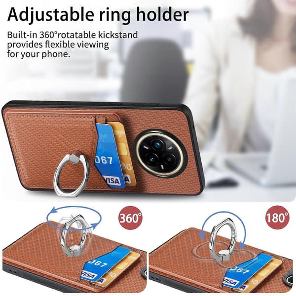Etui til Realme 14 Pro 5G med kortlomme, ringholder og stativ (brun)