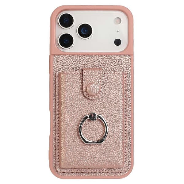 Kompatibelt etui til iPhone 17 Pro Max med ringstativ, kortlomme med trækfunktion, læderbagside (rosaguld)