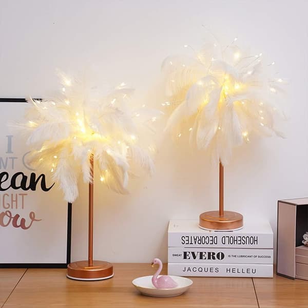 LED Feather Table Lamp with Remote Control, 3-Speed Timing / 3-Speed Brightness Adjustment (25% / 50% / ) / 3-Speed Mode Setting, Modern Nordic