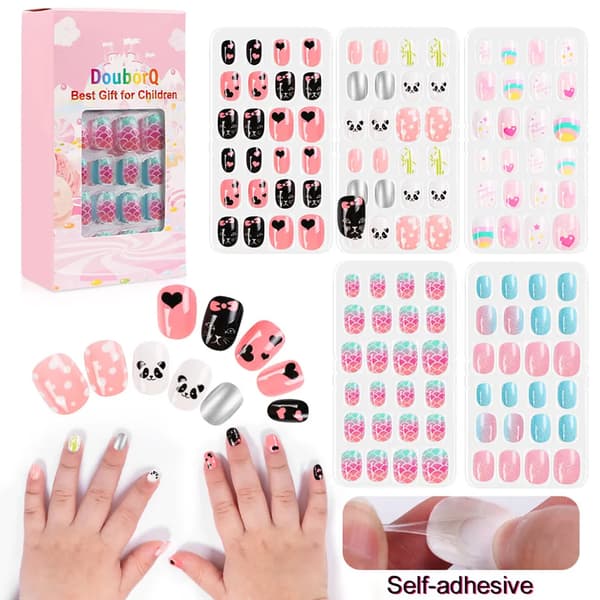120st/ set Kids Cute False Nails Complete DIY Nail Art Gift