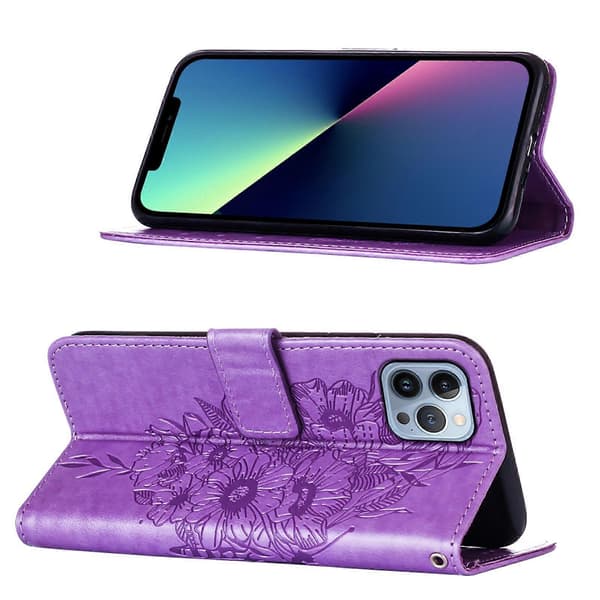 Præget sommerfugl læder telefoncover (til iPhone 15 Pro)