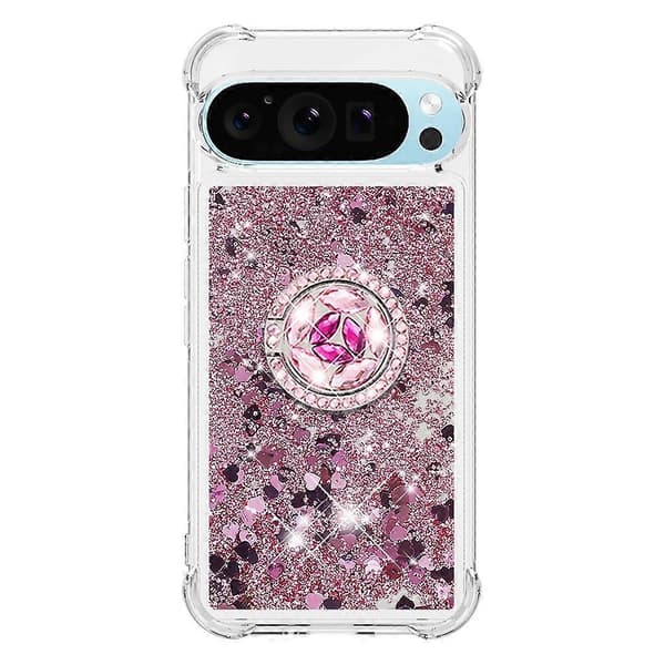TPU-deksel med stativ og kvikksandeffekt for Google Pixel 10 Pro (Rosegull/Hjerter)