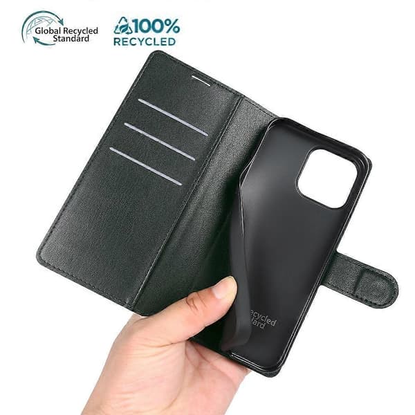 Stand Case for iPhone 16 Pro, Bio-based Eco-friendly RPET RPVB Slim Phone Case with Wallet (Black Green)