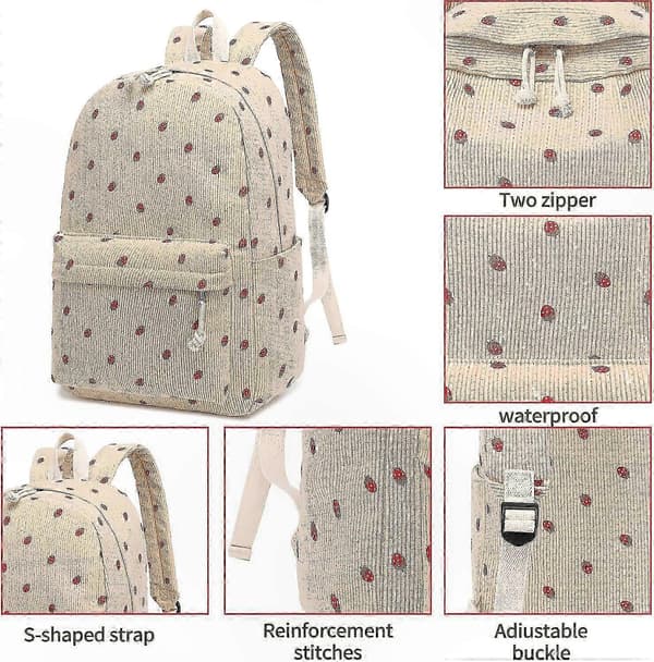 Elevrygsæk til piger - Skoletaske til folkeskole til mellemskole bærbar computer og bøger Beige-strawberry