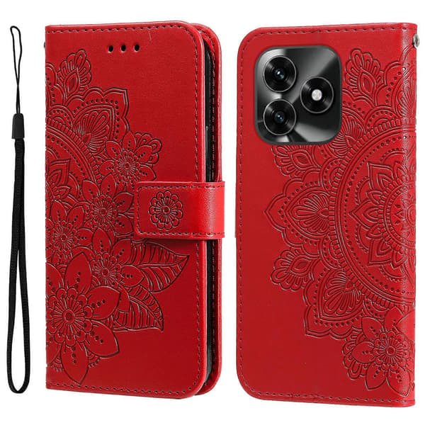 Compatible for Honor X5c Plus Case Flower Pattern PU Leather Wallet Stand Phone Cover (Red)