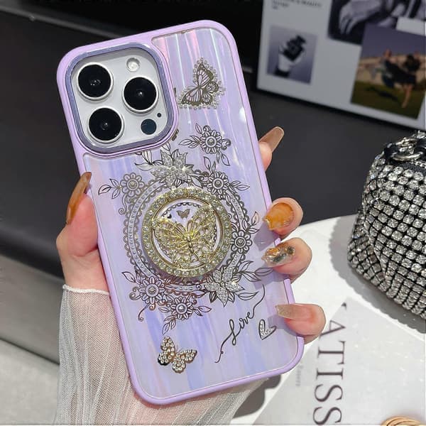 Case for iPhone 16 Pro Max Aurora Butterfly Pattern TPU+PC Phone Back Cover with Stand (Purple)