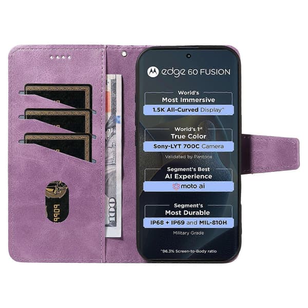 Leather Case with Wallet Stand and Grid Pattern for Motorola Edge 60 Fusion 5G with Strap (Light Purple)