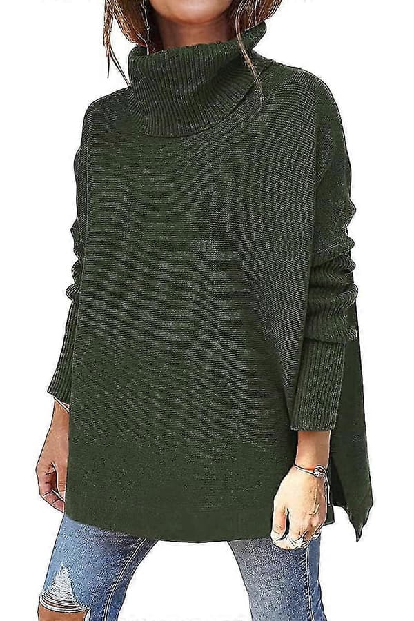 Bxhd Dam Turtleneck Oversized Batwingärmad Stickad Tunika Tröja med Slitsad Fåll S Green