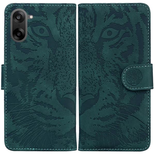 Tiger Embossing Pattern Flip Leather Phone Case (Green, For OnePlus Ace 5 Racing / Nord CE5)