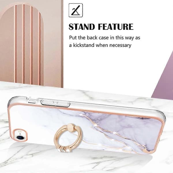 Case for iPhone 7 8 SE (2020) SE (2022) with Ring Kickstand Marble Pattern Electroplating TPU Back Cover C (White 006)