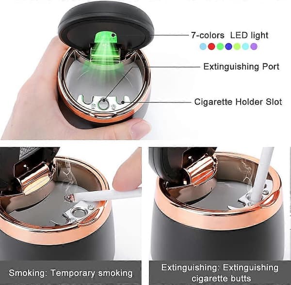 Bärbar bilaskkopp, rökfri askkopp med lock, mini bilpapperskorg cigarraskkopp med LED-ljus cylinderkopp