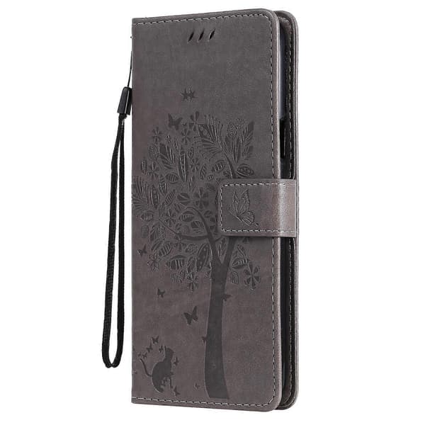 For LG K42 Tree & Cat Pattern Pressed Print Horizontal Flip PU Leather Case with Holder & Card Slots & Wallet & Lanyard
