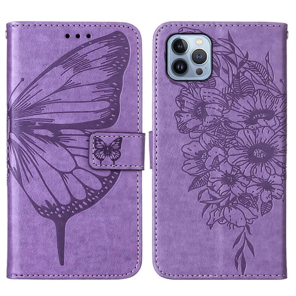 Præget sommerfugl læder telefoncover (til iPhone 15 Pro)