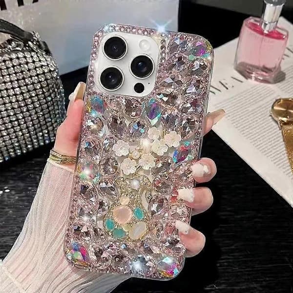 Blommeblomst Håndlavet Diamantindlæg PC Telefoncover (Pink, Til iPhone 15 Pro)