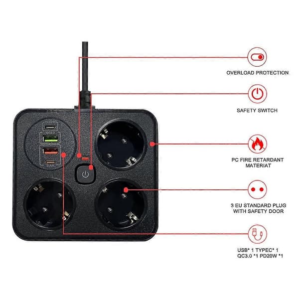 3AC-uttak Multitap Strømskinne EU-plugg B Black
