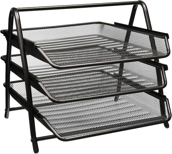 Three-Tier Mesh Desktop Organizer - Black Metal File Organizer