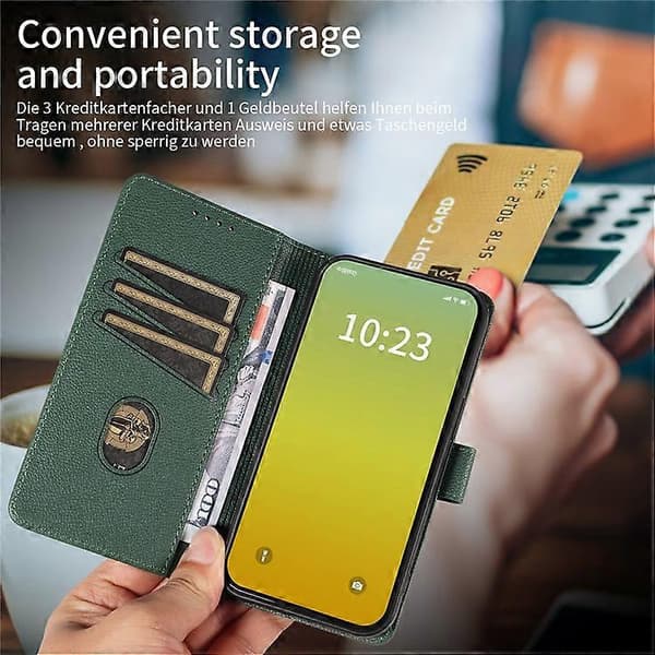 Compatible Leather Case for iPhone 15, Litchi Texture, RFID Wallet Stand, Phone Cover (Green)