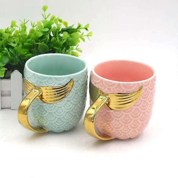 Kreativ sjöjungfruformad mugg pärlemorglasyr guld keramik vattenkopp kaffekopp_present
