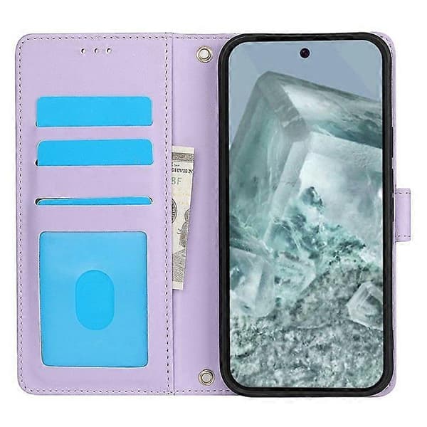 For Google Pixel 9 Pro/ Pixel 9 Case PU Leather Stand View Phone Wallet Case with Hand Strap (Purple)