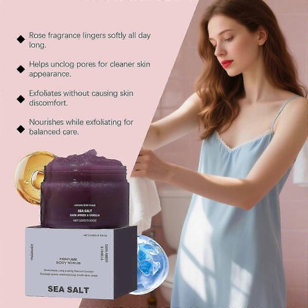 Havssalt Parfym Exfolierande Kroppsskrubb för Len Hud, Bärnsten & Vaniljdoft, 100g
