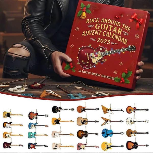 2026 Rock Around the Guitar Adventskalender - 24 dagars julnedräkningspresent för gitarrälskare, 2D akrylgitarrprydnader för juldekoration