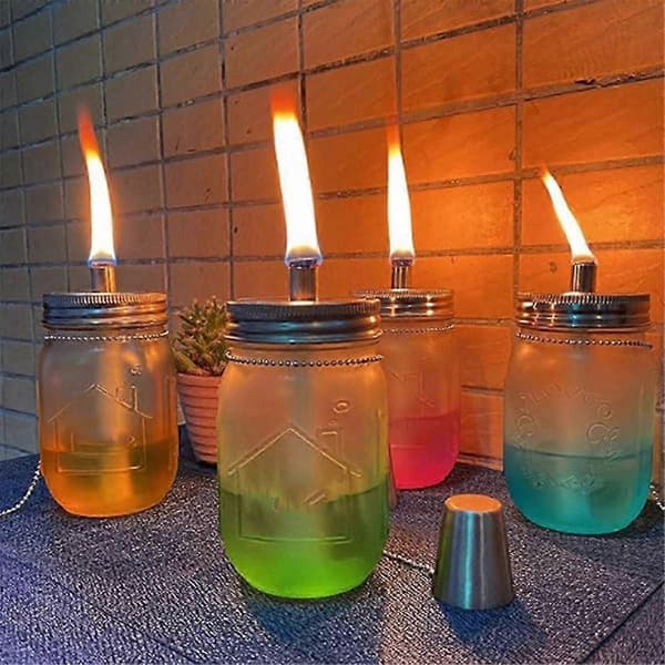 Mason Jar Bordsfacklor Kit, 6-pack lock med vanlig mun, vekar och lock, utomhusoljelampor för