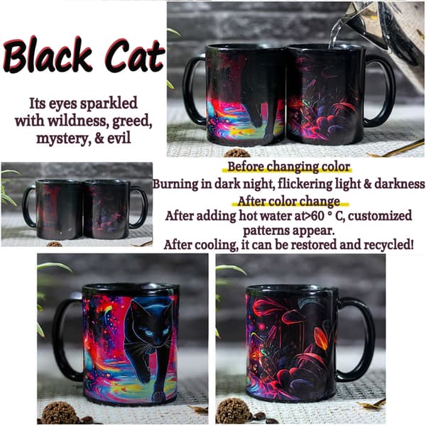 Magic Color Changing Cat Mug, Heat Activated Ceramic Cup with 5 Cat Motifs, Novelty Gift 350ml