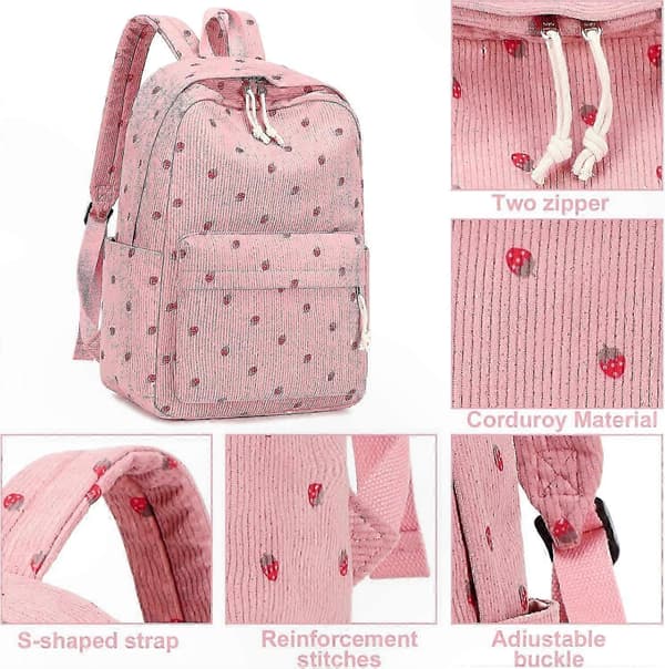 Elevrygsæk til piger - Skoletaske til folkeskole til mellemskole bærbar computer og bøger Strawberry-pink