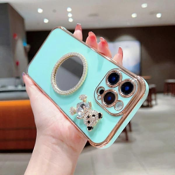 Case for iPhone 16 Pro, Love Heart Pattern, Electroplated TPU Phone Case with Small Bear and Mirror (Lavender Purple)