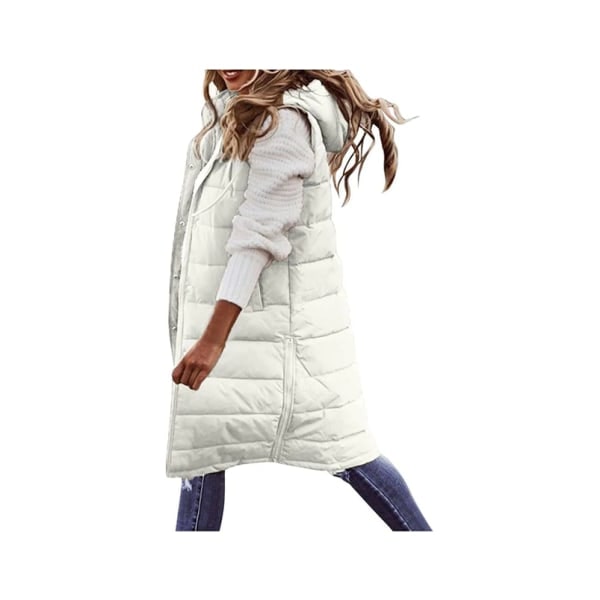 Kvinnors dunväst Vinter lång varm jacka med huva Quiltad kappa-Vit Storlek XL