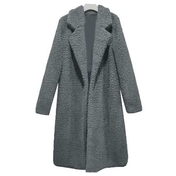 Dam Plysch Lapel Lång Kappa Vinter Fleece Parka Långärmad Trench Coat Vinterjacka Mörkgrå L