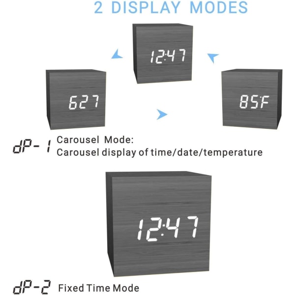 Digital trä LED-ljus Modern kub skrivbordsväckarklocka som visar tid Datum Temperatur, svart