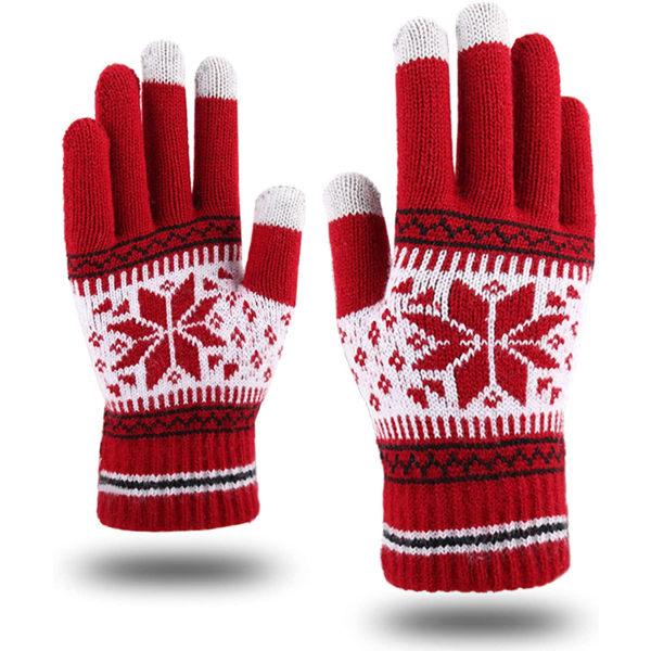 Snowflake Printing Pekskärm Fingrar Handskar, rödbruna