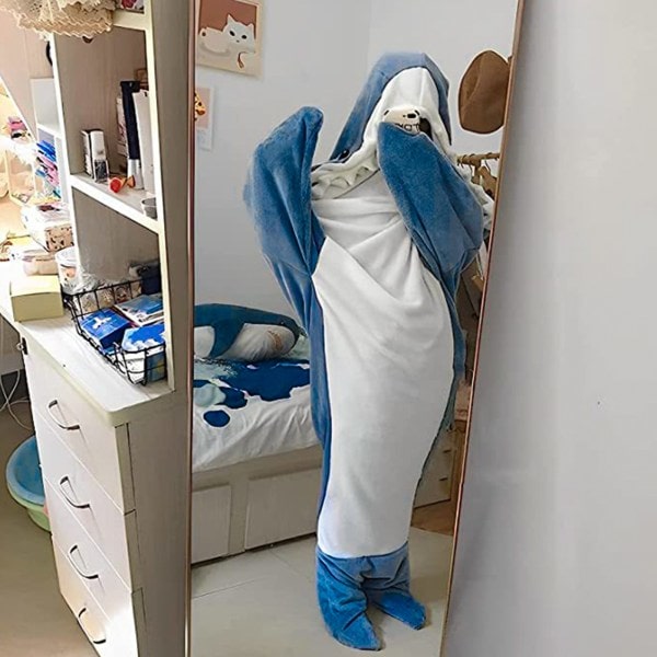 Shark Onesie Vuxen Portabel Filt - Filt Super Mjuk Mysig Flanell Luvtröja Shark Sovsäck 170cm Blå
