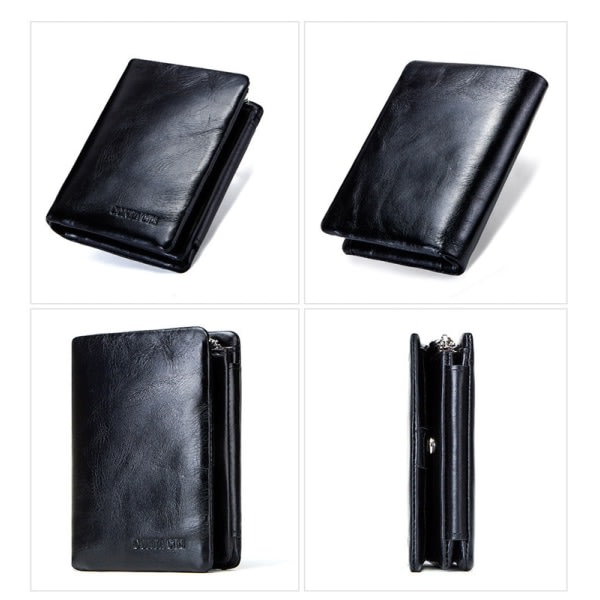 Läderplånbok för män, slimmad plånbok med myntfack & RFID-skydd Svart