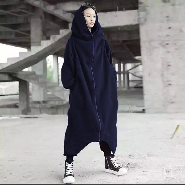 Unisex lång luvtröja Dragkedja Långärmad kappa Dragkedja Fleecefodrad lång luvtröja Grey L