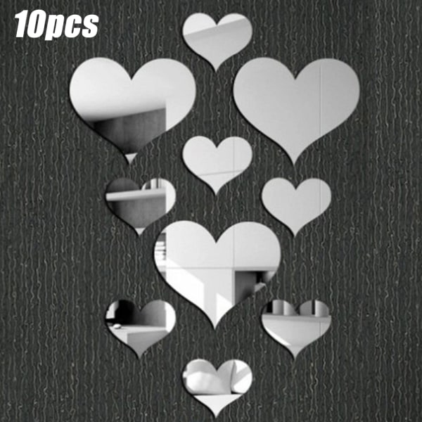 10 st kärlek hjärtformade spegelväggklistermärken Stick On Art Decor Silver 10st