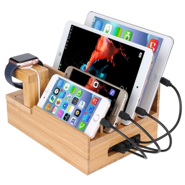 Natural Bamboo Charging Station, iPhone Dock Manager, Smart Watch, surfplatta (ingen USB -hubb)