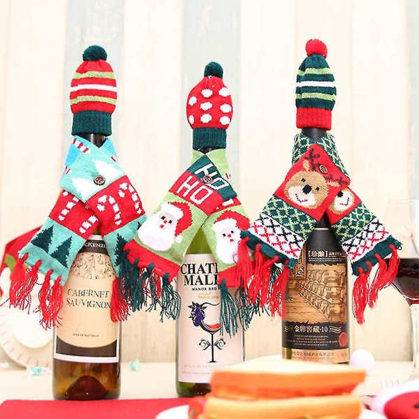 Christmas Wine Bottle Cover Set Mini Tomteluva och halsduk 4 stycken