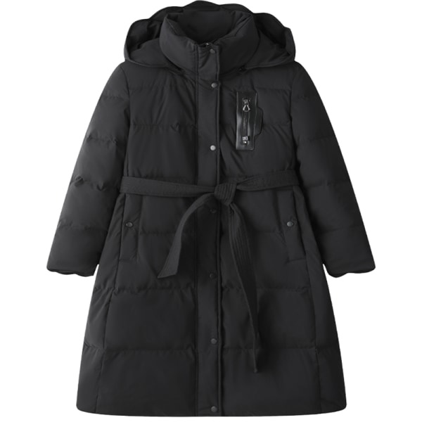 Kvinnor Hooded Långt midja bälte Design Down Coat Vinterjacka Black L