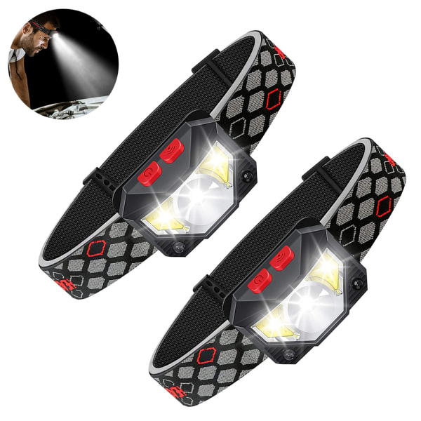 2-pack strålkastare Uppladdningsbar, vattentät LED-strålkastare med vitt och rött ljus, 6-läges strålkastare
