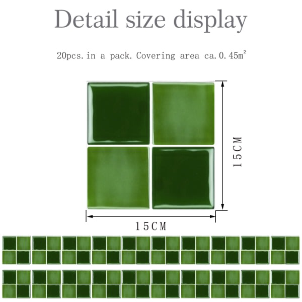 20 st 3D mosaik kakel klistermärke självhäftande heminredning 1# Grön 15x15cm