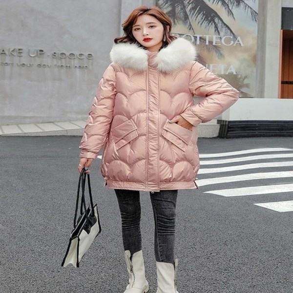 2023 Höstvinter Huva Pälskrage Lång Parkas Mujer Tjock Pink 3 XL