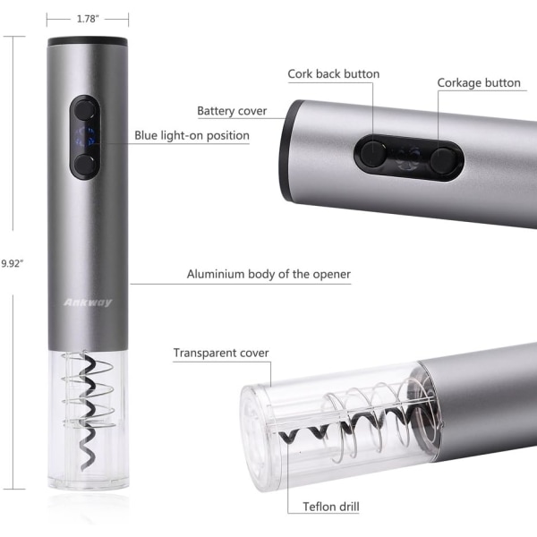 Automatisk elektrisk vinöppnare Flasköppnare Korkskruv med cap , batteridriven-silvergrå