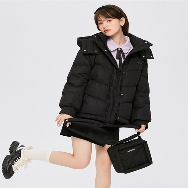 Dunjacka Dam Medium Lång Design Hooded Warm Tjock Coat Black L