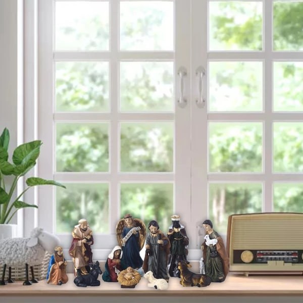 11 delar Harts Julkrubba Staty Set Nativity Dekorationer Hantverk Tillbehör Juldekoration Presenter