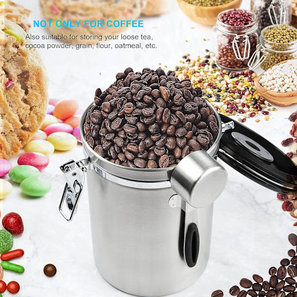 Förseglad kaffeburk - Kaffebönburk med CO2-ventil - med mätsked - 1,8 L (silver)